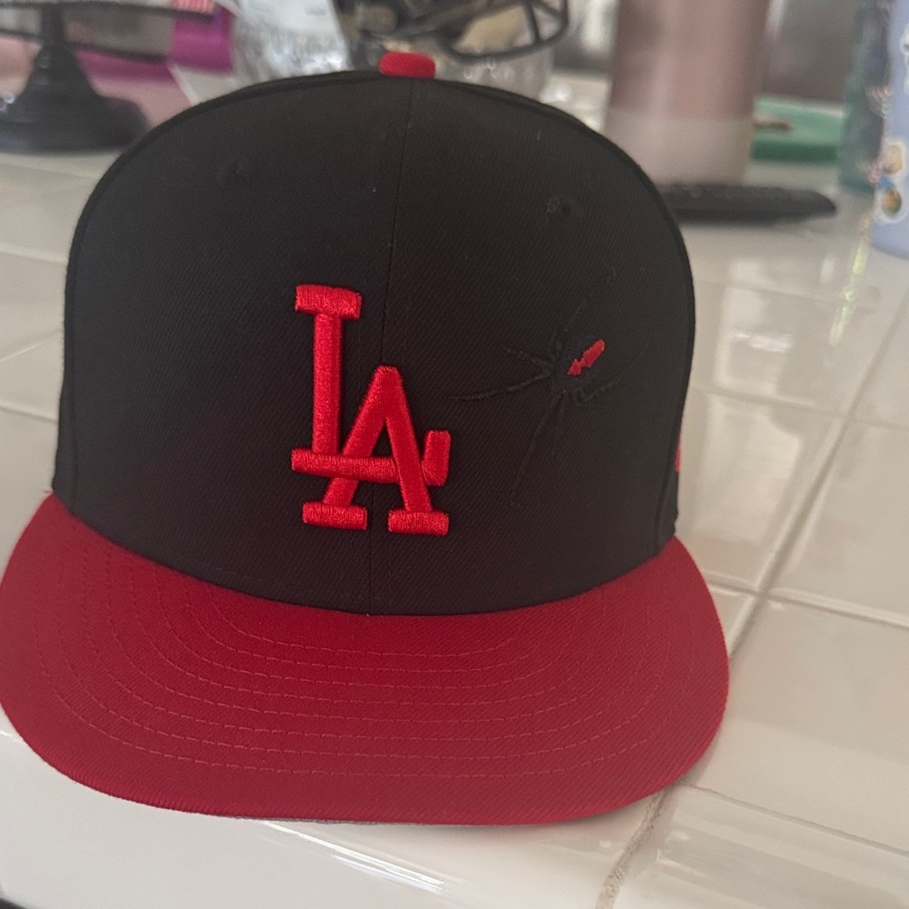 Los Angeles LA Embroidered  Baseball Cap - Black & Red with spider and crosses